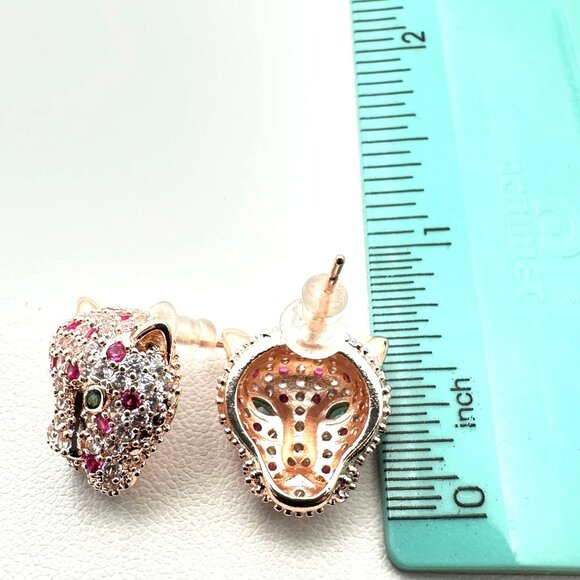 Womens Earrings Pierced Jaguar Rose Gold Tone Pink And Clear Crystal - Picture 3 of 4